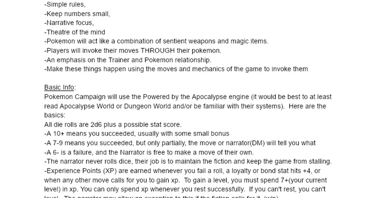 Rules for Pokemon Campaigns - Powered by the Apocalypse