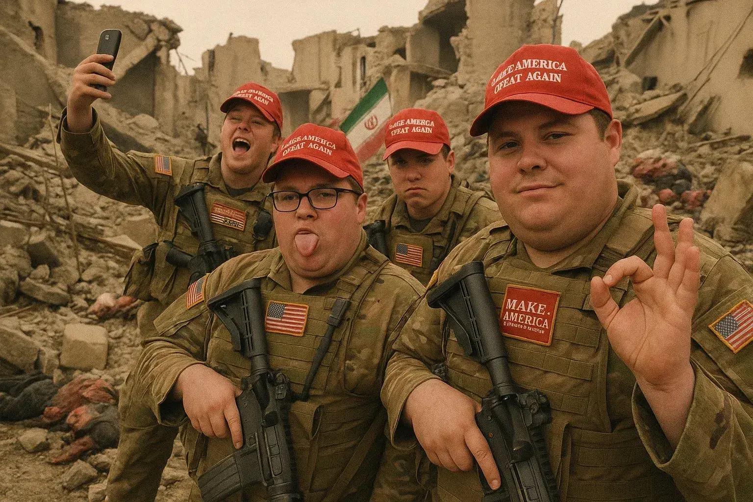 4 us soldiers wearing maga hats, posing in aftermath of war.