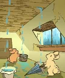 Bunnies in an old apartment have put out buckets and pots under multiple leaks in the ceiling. One of them is about to unfold an umbrella inside the house. Outside the window, it is pouring rain.