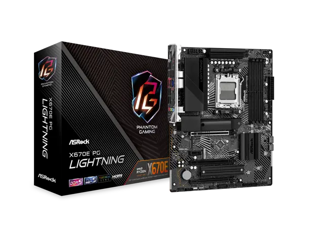 ASRock X670E PG Lightning AM5 ATX Motherboard. 4xDDR5 slots, PCIE 5.0X16, AMD Cross Fire, Quad M.2 slots, 2.5GB LAN, 7.1 HD audio, HDMI, DP 1.4 ports, USB3.2 Gen2x2 Type-C, 8 Layer PCB. - Newegg.com