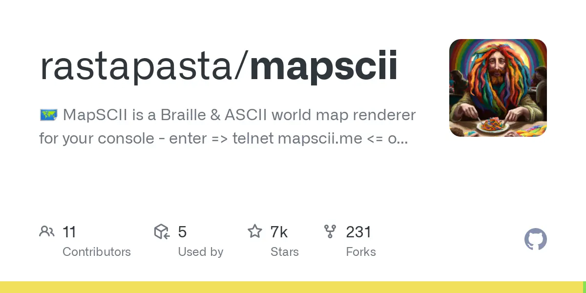 GitHub - rastapasta/mapscii: 🗺  MapSCII is a Braille & ASCII world map renderer for your console - enter => telnet mapscii.me <= on Mac (brew install telnet) and Linux, connect with PuTTY on Windows