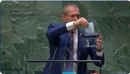 Erdan shreds UN charter in protest of General Assembly vote to boost status of Palestinian mission