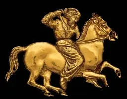 Stunningly detailed gold plaque of a mounted Scythian, 400-350 BCE, found in the Black Sea region