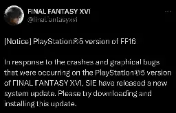 [FFXVI] SIE have released a new PS5 update in response to issues in Final Fantasy XVI