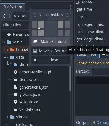 The filesystem dock in godot with the three dots hit and it showing the mouse over the Make Floating button