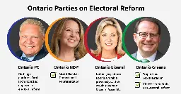 Ontario Parties on Electoral Reform. Ontario PC: Nothing in platform. Ford is on record as opposed to electoral reform. Ontario NDP: ✅Mixed Member Proportional Representation. Ontario Liberal: Nothing in platform. Bonnie Crombie previously said she would support a Citizens’ Assembly. Ontario Greens: ✅Proportional Representation ✅ Citizens’ Assembly on Electoral Reform