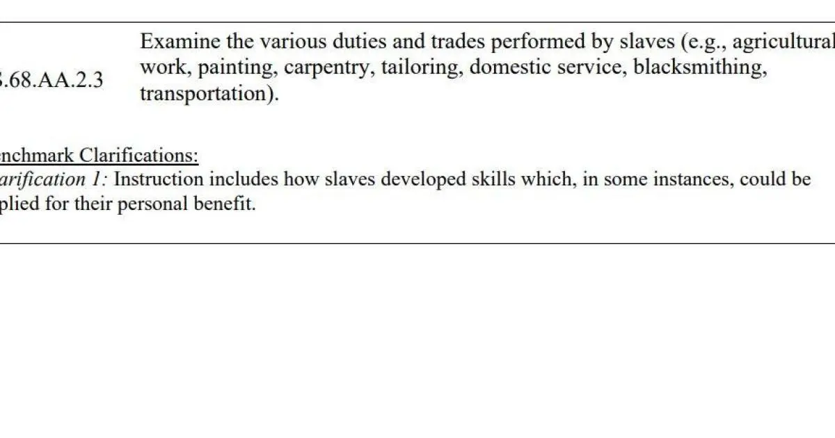 Florida's new Black history curriculum says "slaves developed skills" that could be used for "personal benefit"