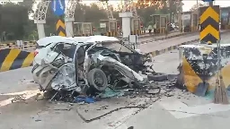 On CCTV, speeding car crashes into divider at Uttar Pradesh toll plaza