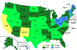 The most common words in place (town/city) names per state in the U.S.