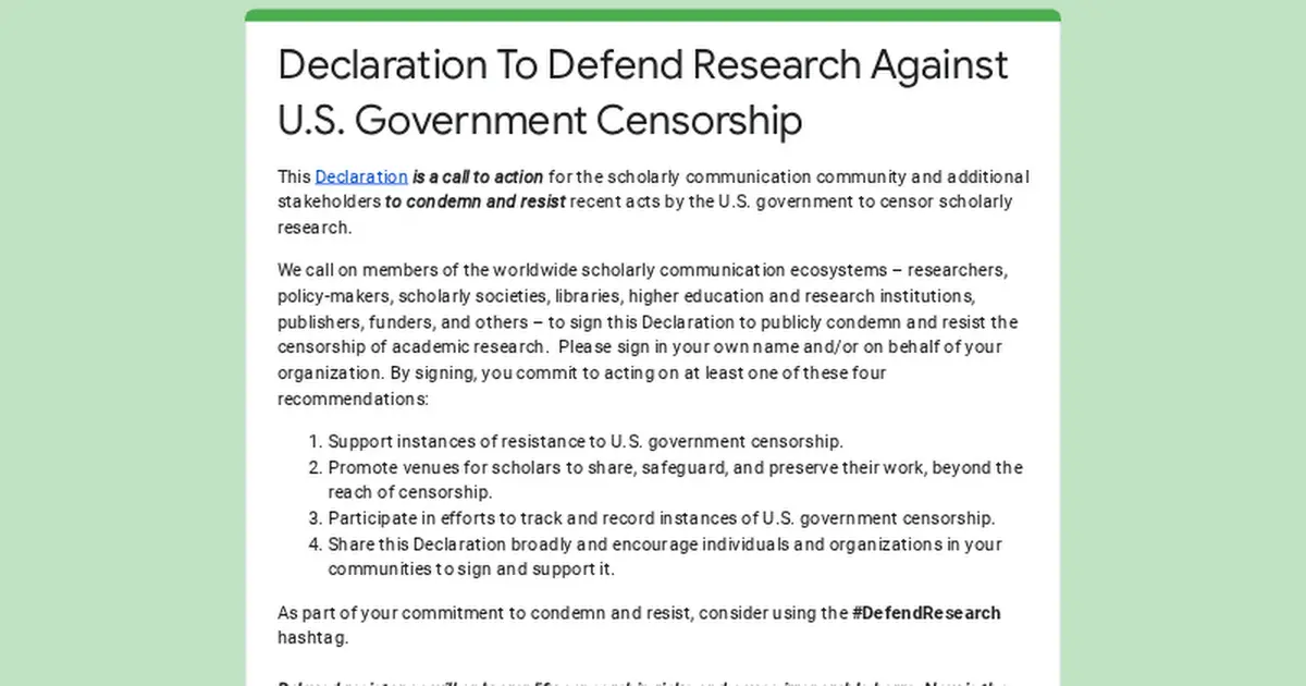 Declaration To Defend Research Against U.S. Government Censorship