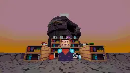 In the middle of the image there is an enchanting table with a floating scroll, surrounded by bookshelves. On top of them several TNTs coming in different colours. Next to the enchanting table there is a cobweb, a snowball and a red block