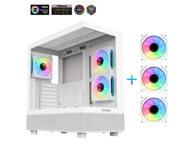 Sama Neview 4361 White Dual USB3.0 and Type C Tempered Glass ATX Mid Tower Gaming Computer Case w/ 3 x 120mm ARGB Fans (2 x MB Side, 1 x Rear) Pre-Installed - Newegg.com