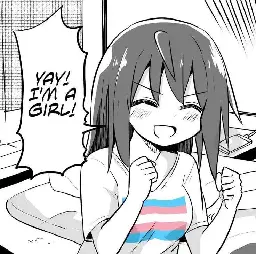 A girl with a trans flag shirt happily exclaims "Yay! I'm a girl!"