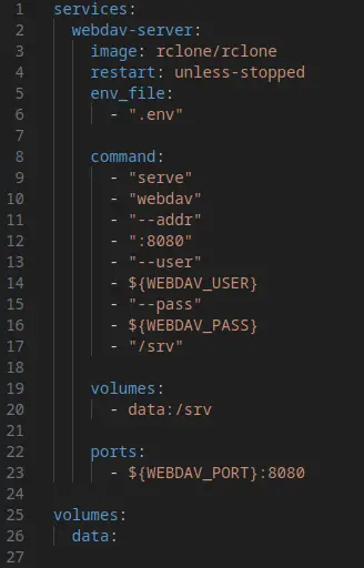 Docker Compose File:
services:
  webdav-server:
    image: rclone/rclone
    restart: unless-stopped
    env_file:
      - ".env"

    command:
      - "serve"
      - "webdav"
      - "--addr"
      - ":8080"
      - "--user"
      - ${WEBDAV_USER}
      - "--pass"
      - ${WEBDAV_PASS}
      - "/srv"

    volumes:
      - data:/srv

    ports:
      - ${WEBDAV_PORT}:8080

volumes:
  data:
