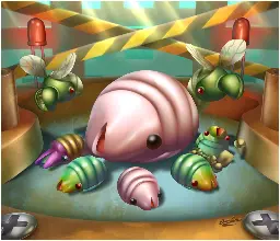 Different varieties of grubs from the Pikmin series. There's a huge mama sheargrub in the middle, with 3 green swarming sheargrubs, one female sheargrub, and a male sheargrub to the left. There are two shearwigs flying above the mama sheargrub and the background is a metallic cave environment that appears in Pikmin 2