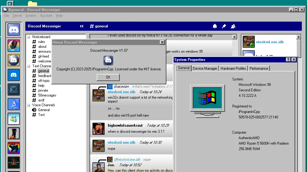 Modern Discord hacked into Windows 95 and 98, slimmed down version keeps core functionality intact