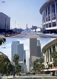 Grand Ave. looking south from the music center in 1963 and 2019