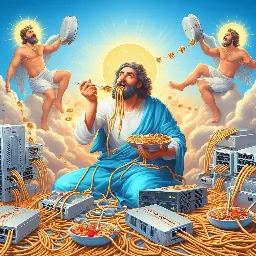 [Bing] Network gods in the heavens, surrounded by router pucks, eating network cable spaghetti