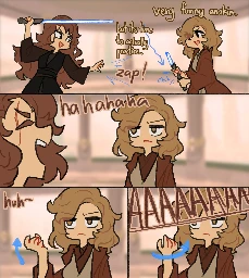 Panel 1: Anakin force-disables Obi-wan's lightsaber and Obi-wan says, "Very funny Anakin, but it’s time to actually practice." \ Panel 2: Anakin bursts out laughing. Obi-wan is unimpressed. \ Panel 3: Oki-wan makes a cupping motion with his hand and raises it while using the force. \ Panel 4: Obi-wan twists and Anakin screams in pain.