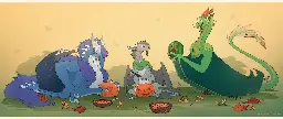 Two dragons carving pumpkins for halloween, and a 3rd one carving a watermelon.
The first one is carving a tsu (ツ) katakana, the second one is carving the typical Jack-o-lantern face, and the 3rd one has carved a creeper face into the watermelon.