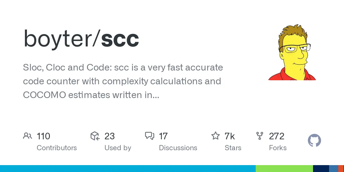 GitHub - boyter/scc: Sloc, Cloc and Code: scc is a very fast accurate code counter with complexity calculations and COCOMO estimates written in pure Go