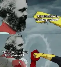 Top panel: fist flying toward Karl Marx with caption "Capitalism is human nature". Bottom panel: Karl Marx catching fist with caption "Capitalism is only 400 years old".