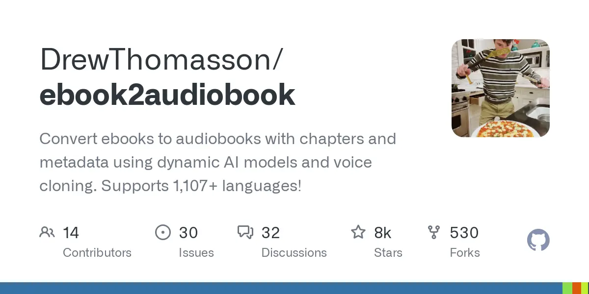 GitHub - DrewThomasson/ebook2audiobook: Convert ebooks to audiobooks with chapters and metadata using dynamic AI models and voice cloning. Supports 1,107+ languages!